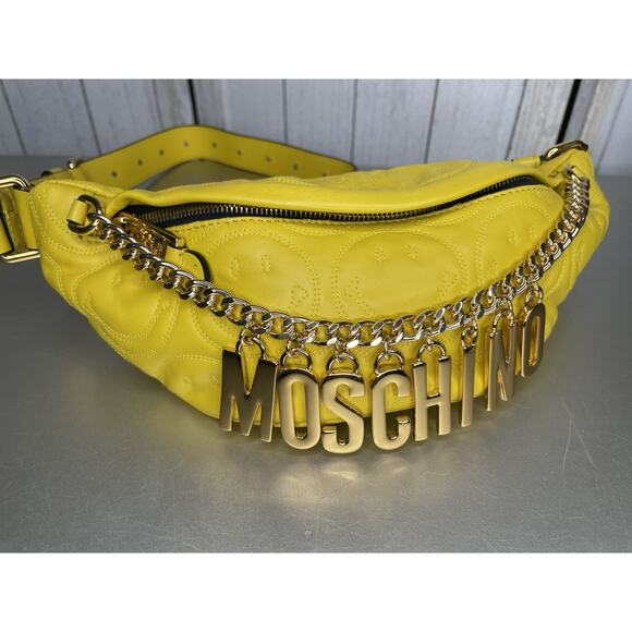 MOSCHINO Yellow Smiley Face Leather Waist Bag Bum Bag Metal Logo RARE NWOT - Picture 1 of 10